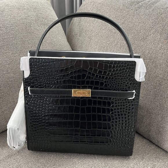 Tory Burch Handbags - NWT Tory Burch Lee Radziwill Black Croc Embossed Double Bag